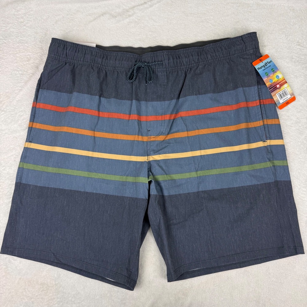 Hang Ten Mens Swim Trunks XXL Dark Blue Striped Board Shorts 9 Inseam NWT